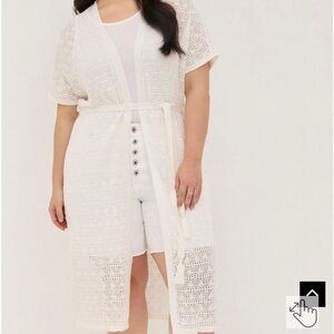 TORRID cream Crochet Duster Short Sleeve Tie Waist Sweater!